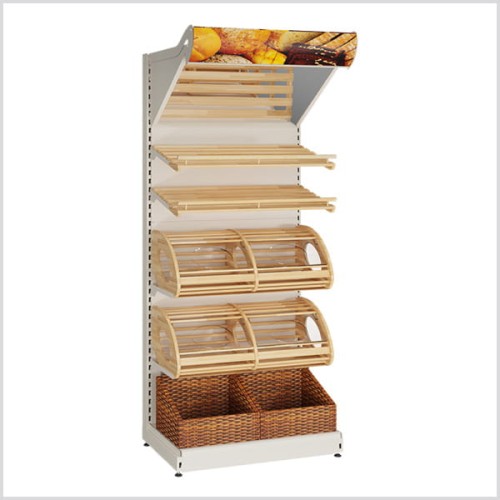 Regały piekarnicze sklepowe białe w ciągu, z daszkami reklamowymi, półkami drewnianymi, koszami wiklinowymi i klapkami z pleksi.