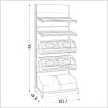 Rysunek techniczny regału piekarniczego sklepowego z półkami, wymiary 233 × 101,8 × 63 cm – wyposażenie do ekspozycji pieczywa.