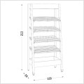 Rysunek techniczny drewnianego regału piekarniczego, wysokość 213 cm, szerokość 100 cm, głębokość 50 cm