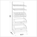 Rysunek techniczny białego regału piekarniczego z półkami i koszami na pieczywo, wymiary 233 × 101,8 × 63,4 cm.