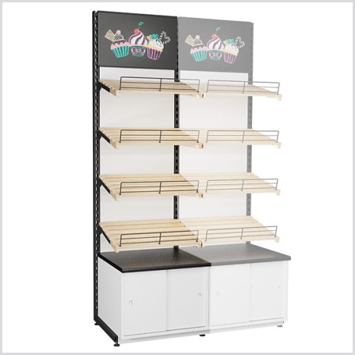 Regał sklepowy piekarniczy z czterema półkami i szafką dolną.