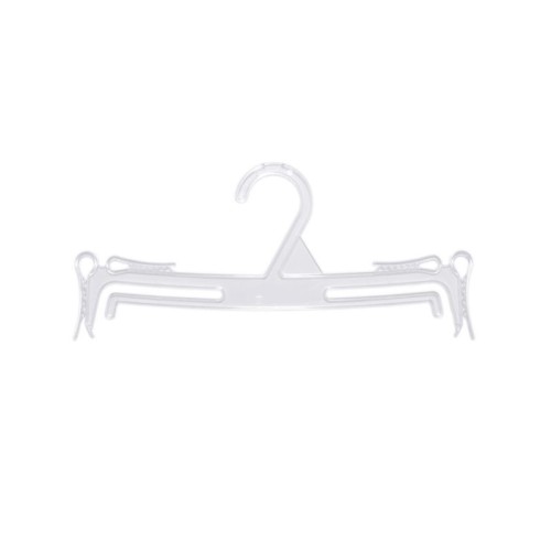 Przezroczysty, plastikowy wieszak o szerokości 25 cm z haczykiem i podwójnymi zaczepami na ramionach