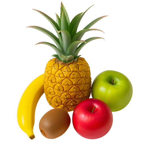 Na białym tle ułożone są owoce: ananas, banan, kiwi, czerwone jabłko i zielone jabłko.