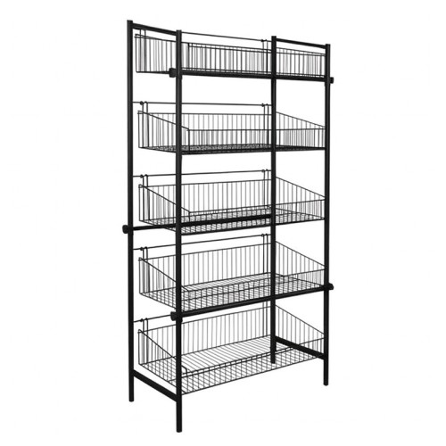 Czarny metalowy regał z pięcioma druciany koszami zawieszonymi na hakach.