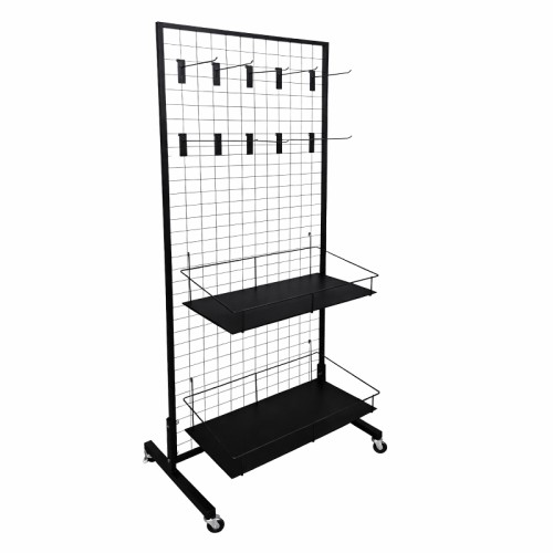 Mobilny regał siatkowy z hakami i koszem typ 3