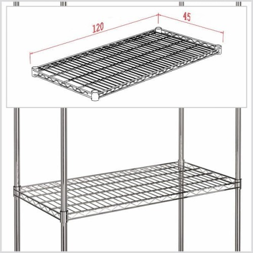 Zdjęcie poglądowe półki zamontowanej na regale i rys. techniczny