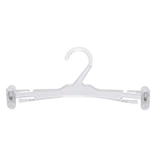 Przezroczysty plastikowy wieszak o szerokości 27 cm z dwoma bocznymi klipsami i haczykami.
