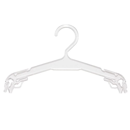 Przezroczysty plastikowy wieszak o szerokości 27 cm z haczykiem i dodatkowymi zaczepami na ramionach.